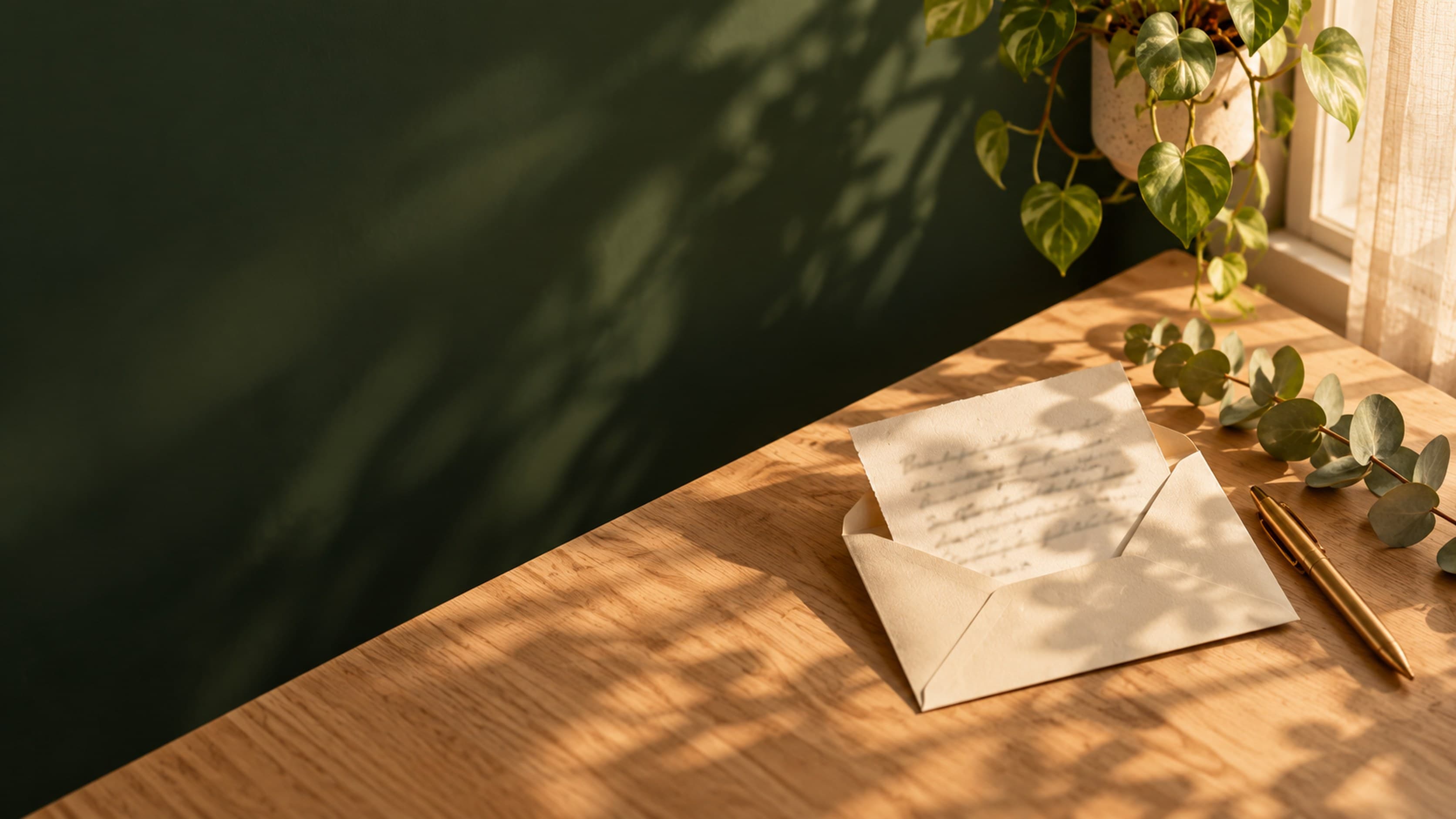 Sobre abierto con una carta escrita a mano y una pluma dorada sobre un escritorio de madera